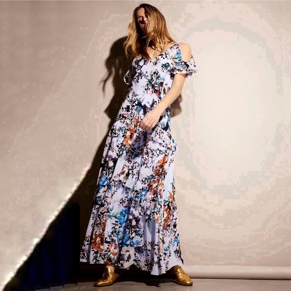 Free People Maxi Dress Womens 4 Floral Tiered Ruffles Off The Shoulder Flounce